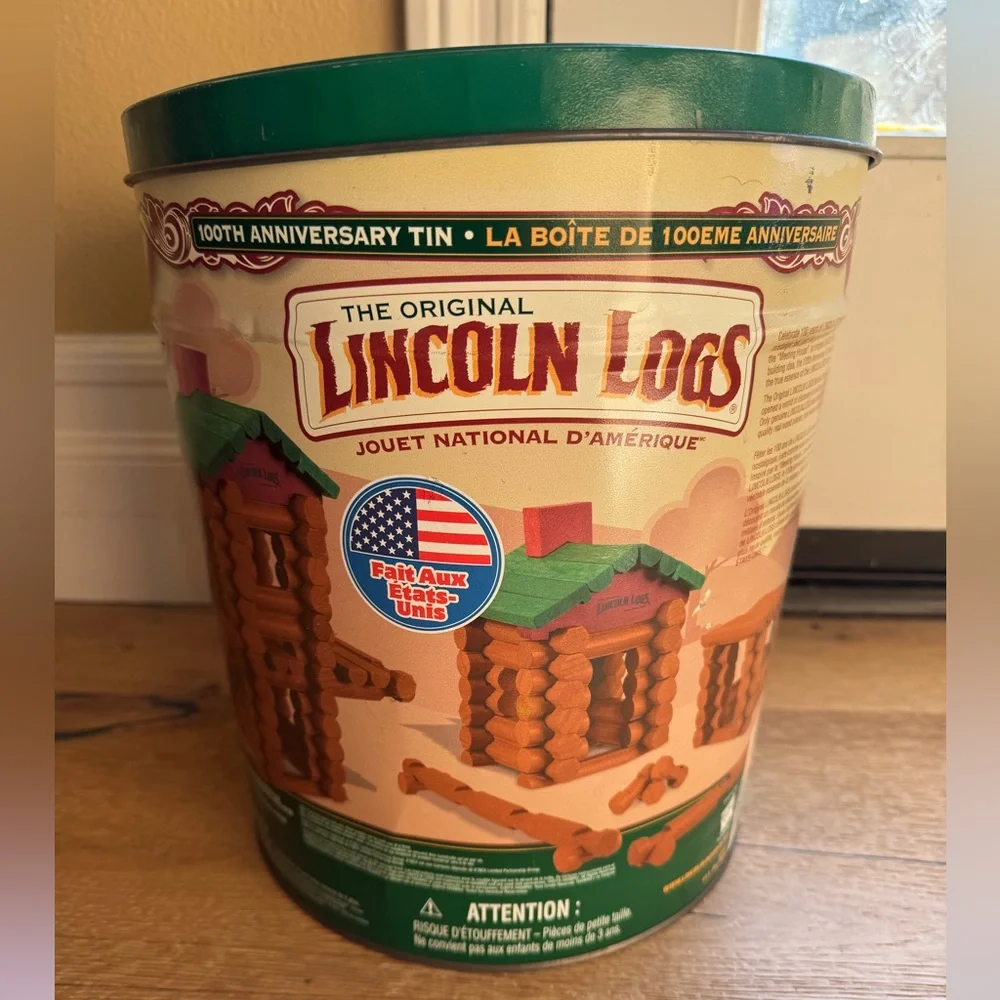 Lincoln Logs 100th Anniversary Tin building wooden blocks- 111 Pieces PriceFirm!